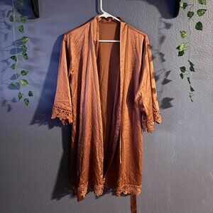 Burnt Orange Silky Satin Robe with Embroidered Edges